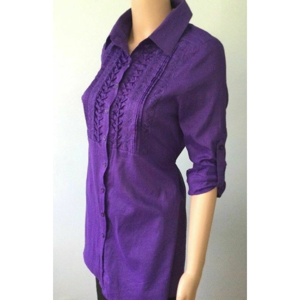 Womens Moa Collection Cotton Tunic Top Roll Tab Sleeve 3/4 Purple Embroidered S